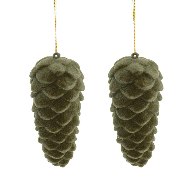 Hanging Flocked Pinecones Olive Green