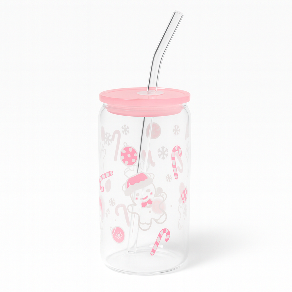 Festive Gingerbread Glass Cup with Straw – Pink Holiday Edition