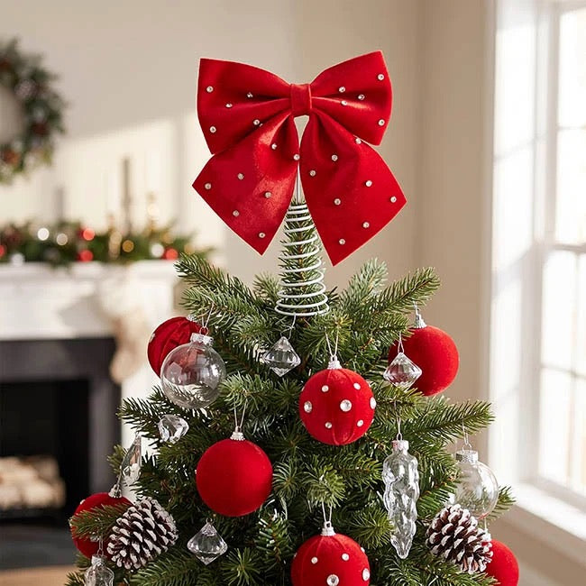 Velour Diamante Bow Tree Topper Red
