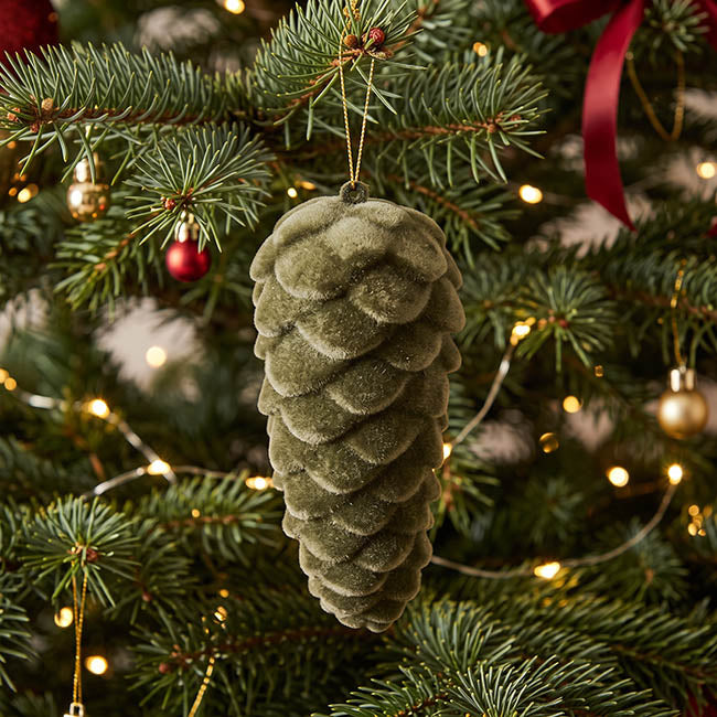 Hanging Flocked Pinecones Olive Green