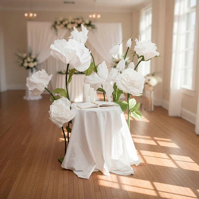 Giant Paper Flower Roses w Base Set 3 White