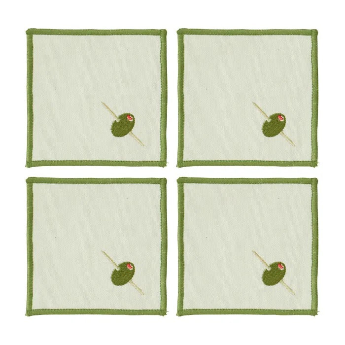 Olive Cotton Embroidered Coasters – Set of 4