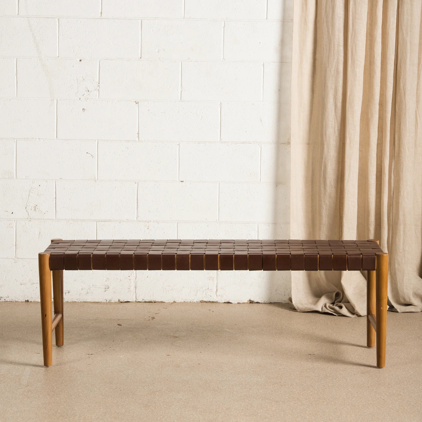 BENNU WOVEN LEATHER BENCH SEAT - COGNAC