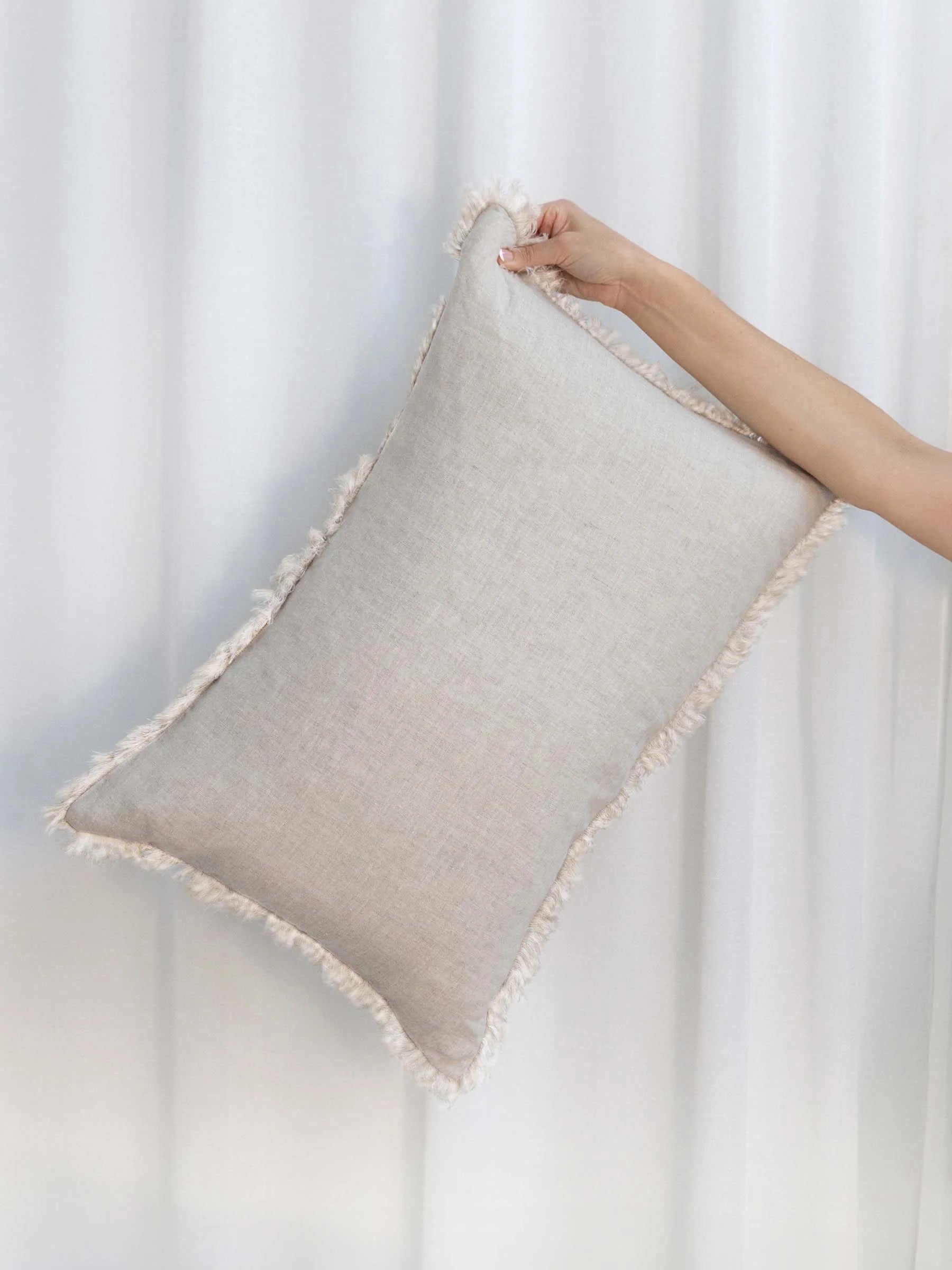 Mila Fringed Linen Lumbar Cushion Natural